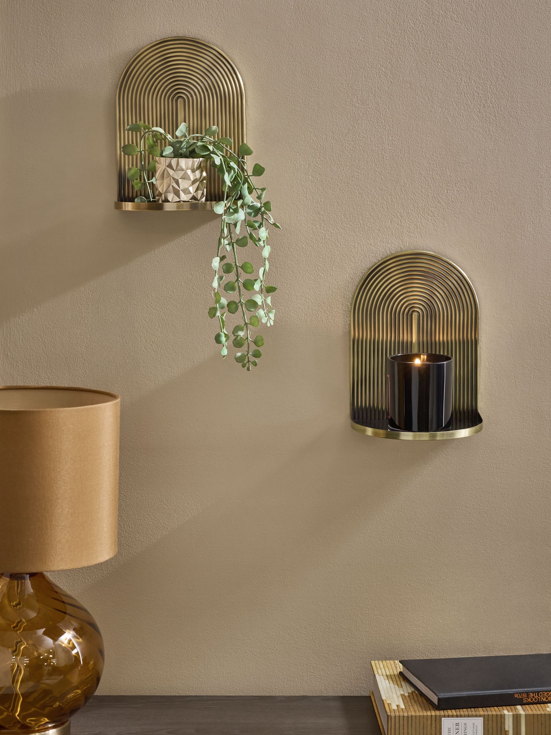 Gold display shelves set of 2 with Art Deco design (British brand)