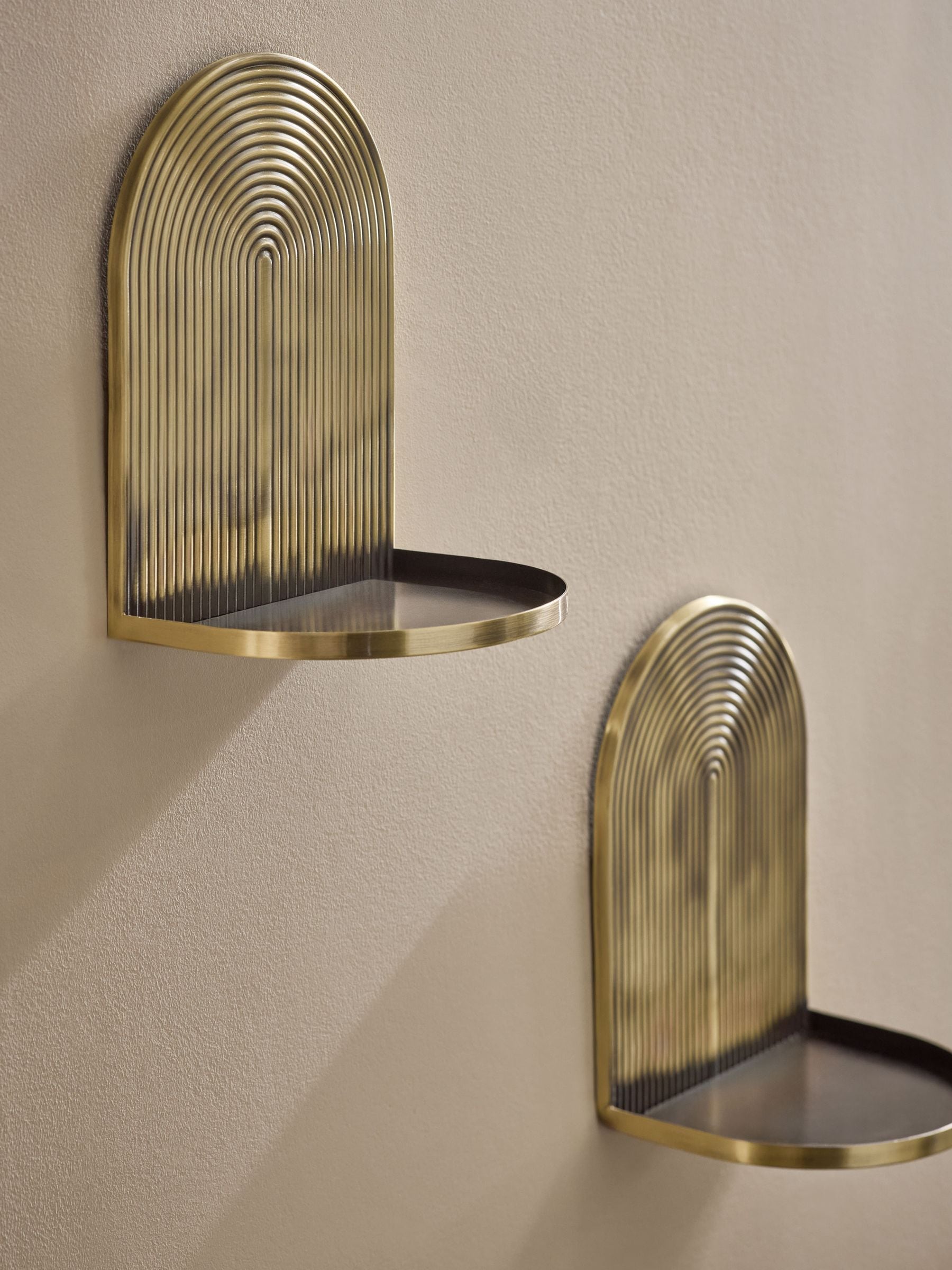 Gold display shelves set of 2 with Art Deco design (British brand)