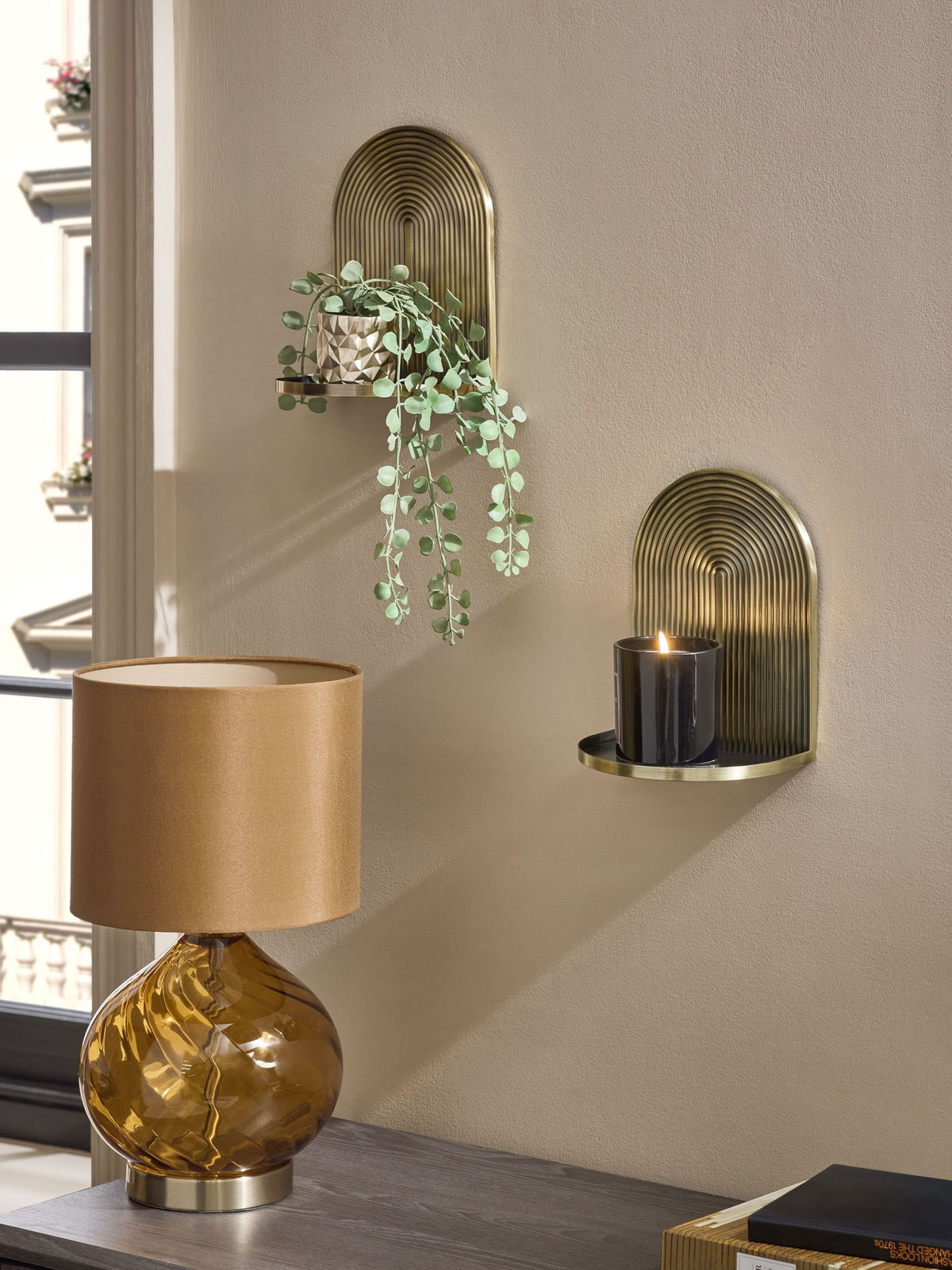 Gold display shelves set of 2 with Art Deco design (British brand)