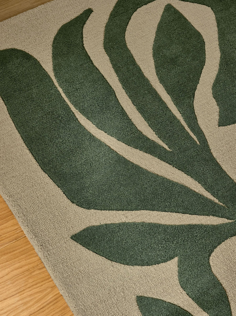 French Connection green abstract leaf wool tufted rug, imported from the UK