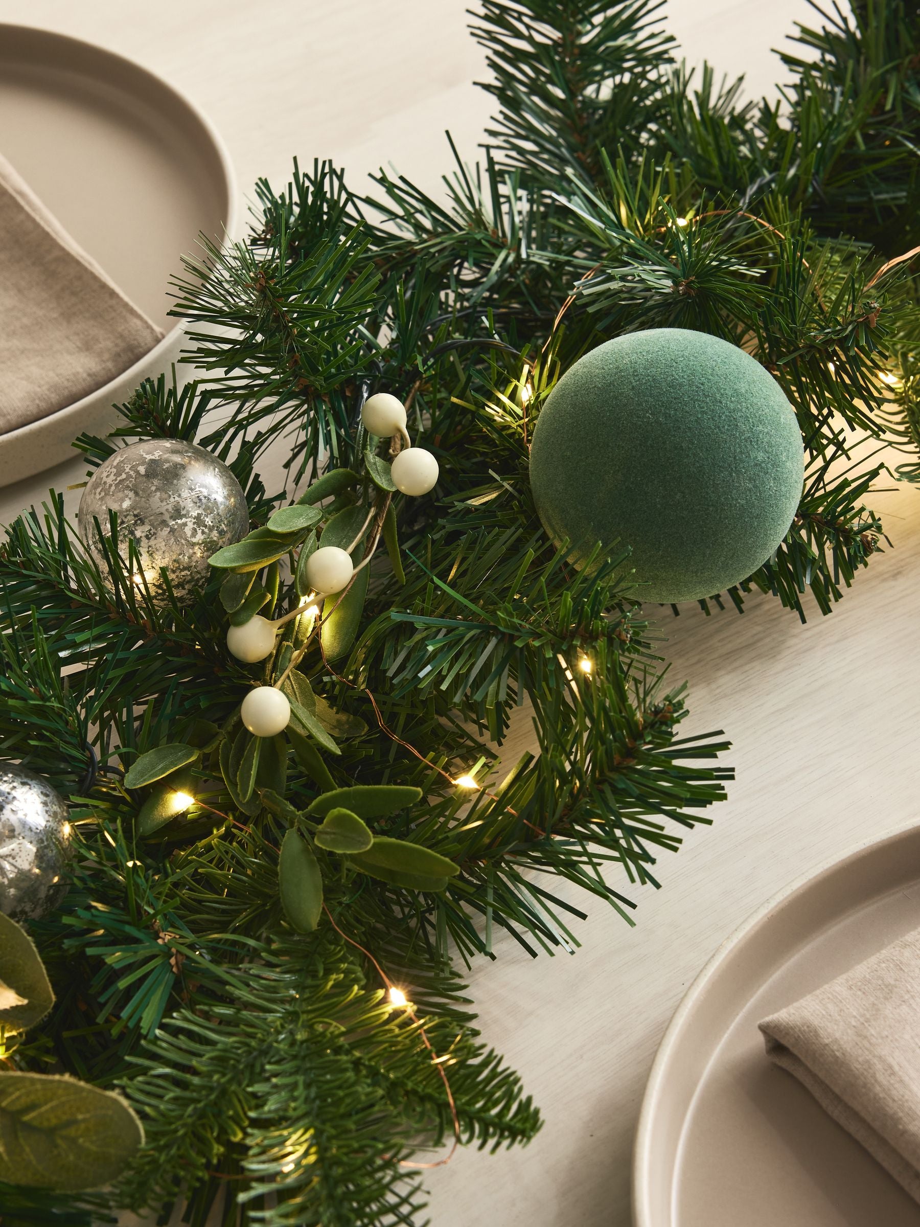 Green lit faux bauble Christmas garland small or large, UK version