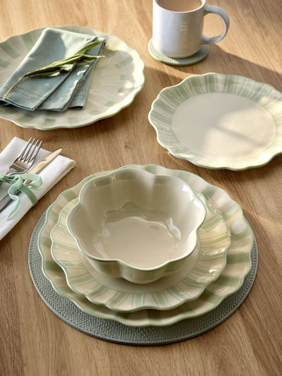 Sage Green Hand Painted Stripe Dinnerware Set 12 Piece
