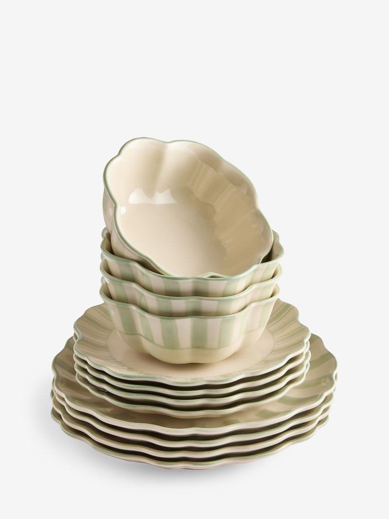 12 Piece Sage Green Hand Painted Stripe 12 Piece Set