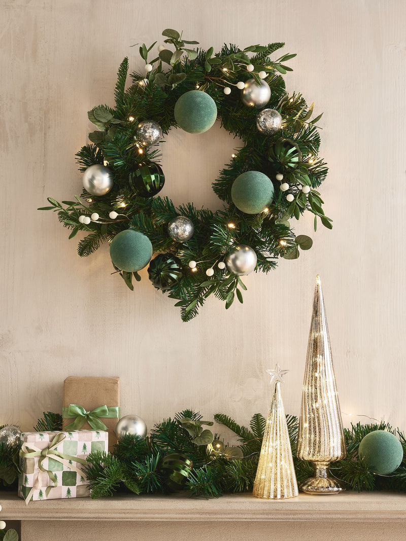 Green lit faux bauble Christmas wreath 48cm x 48cm, UK version