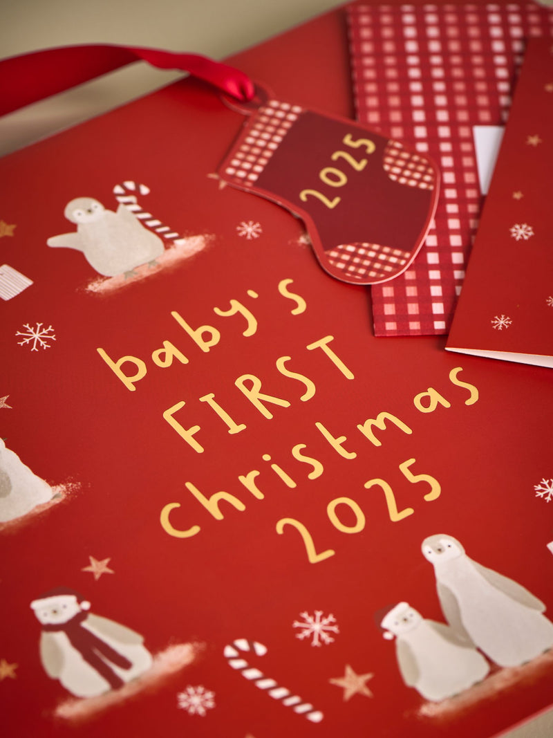 Red Baby's First Christmas gift bag set, imported from the UK