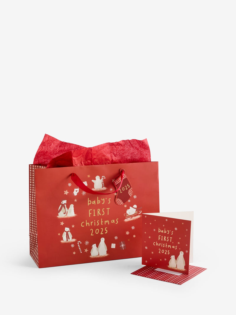 Red Baby's First Christmas gift bag set, imported from the UK