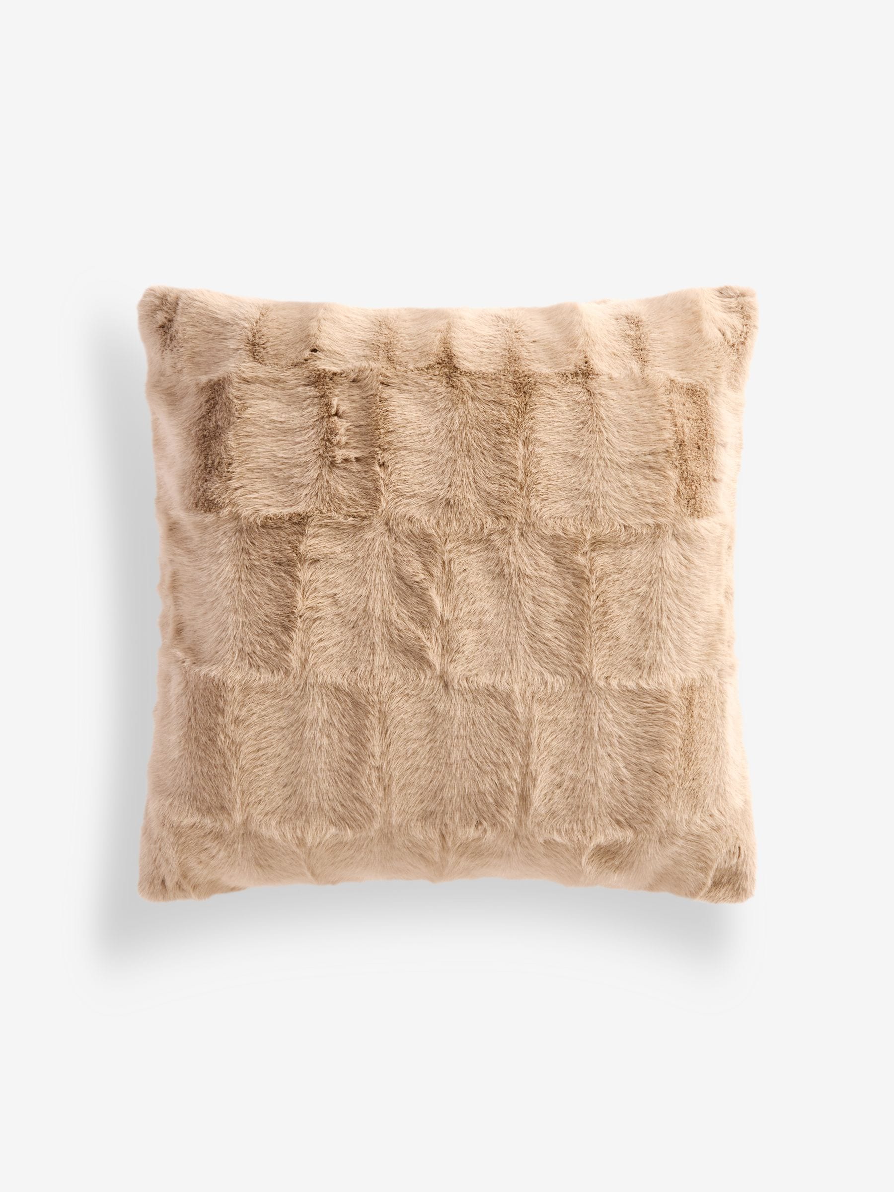 Natural textured faux fur check cushion 50cm, imported from the UK