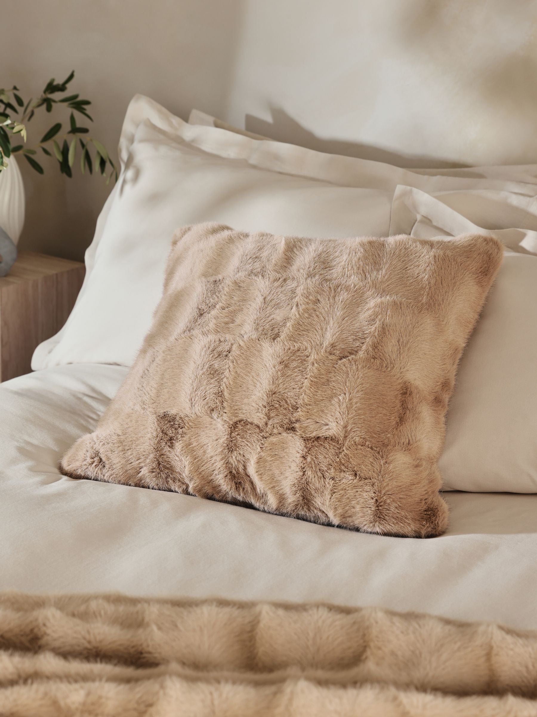 Natural textured faux fur check cushion 50cm, imported from the UK