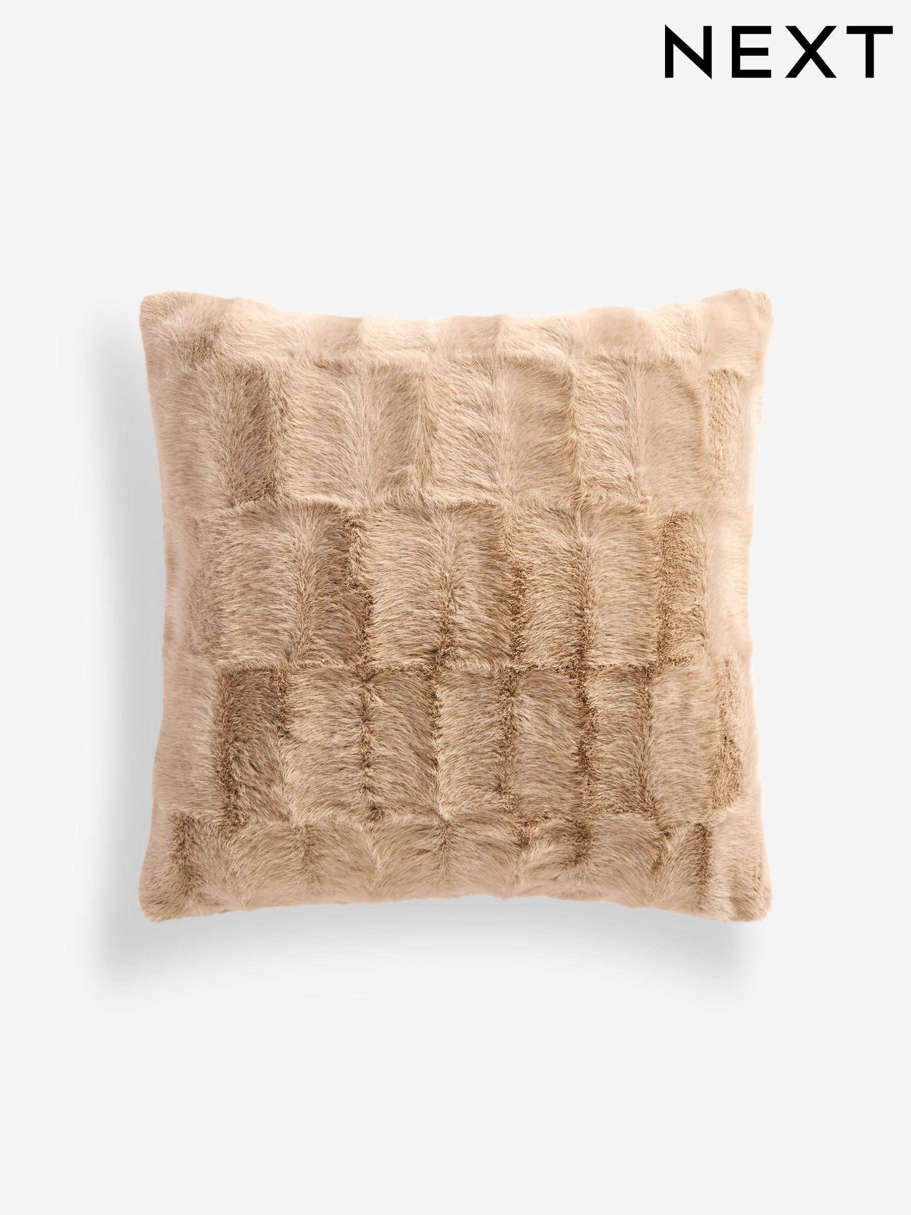 Natural textured faux fur check cushion 50cm, imported from the UK