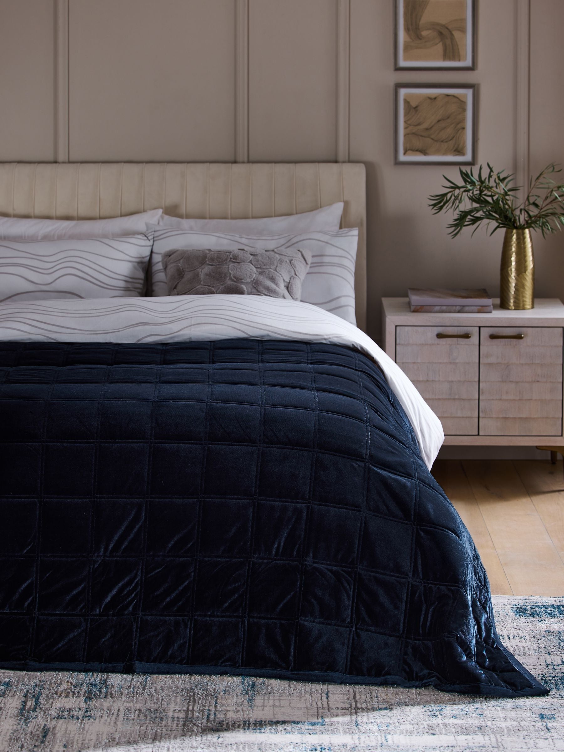 Navy Quilted Lustre Velvet Bedspread