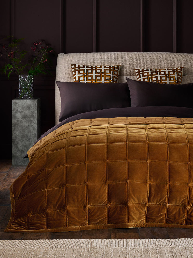 Dark Ochre Quilted Lustre Velvet Bedspread