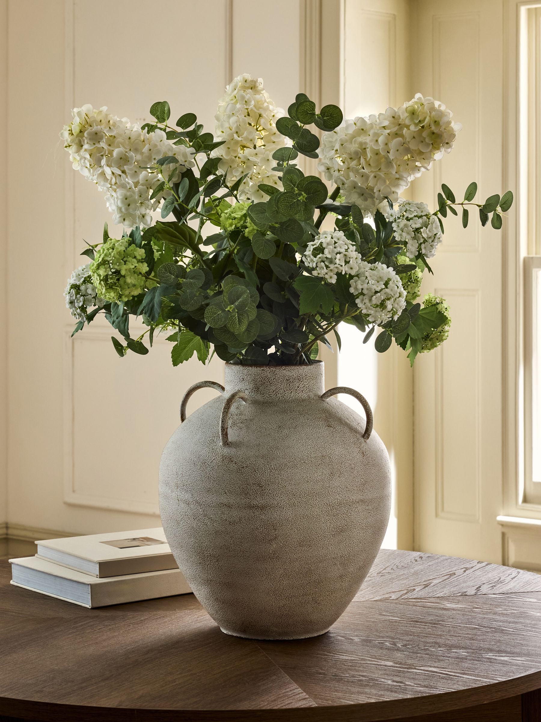 Artificial hydrangea arrangement white extra large in metal pot, imported from the UK