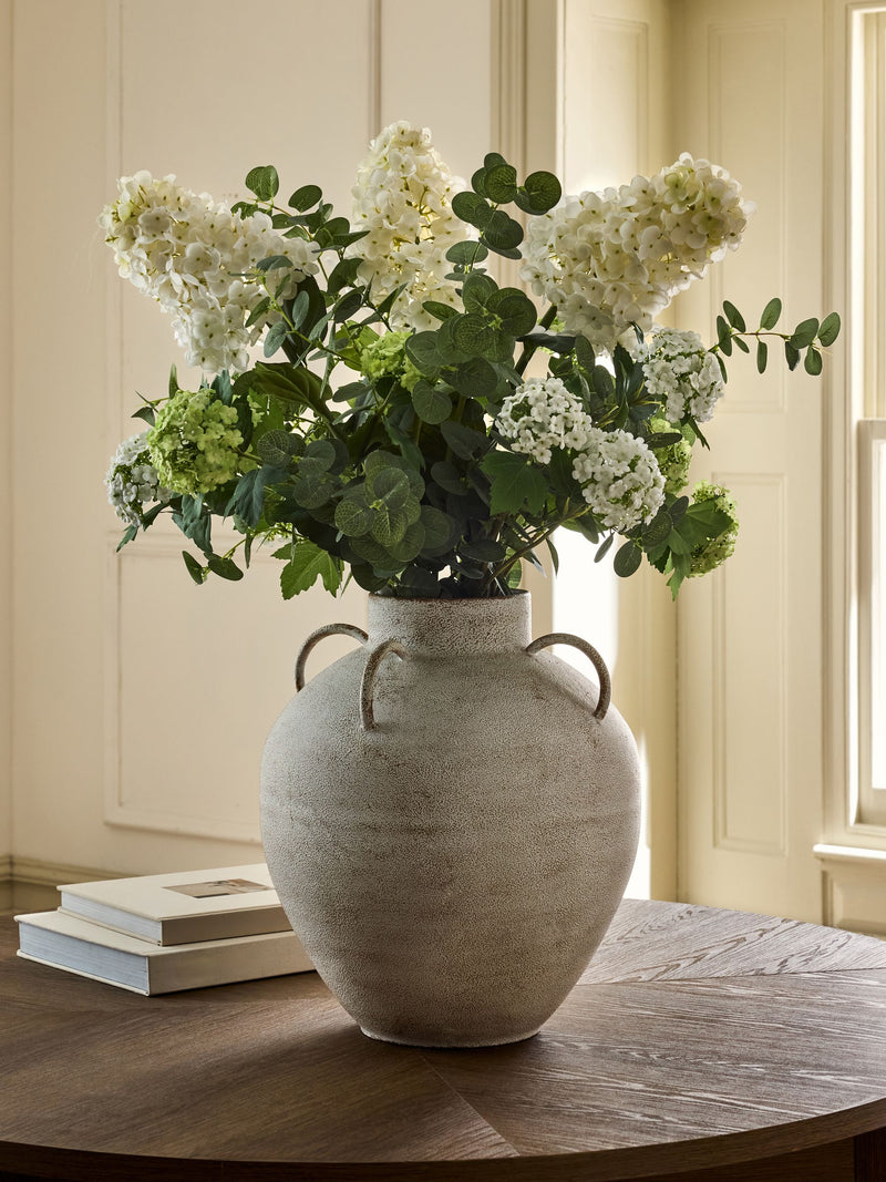 Artificial hydrangea arrangement white extra large in metal pot, imported from the UK