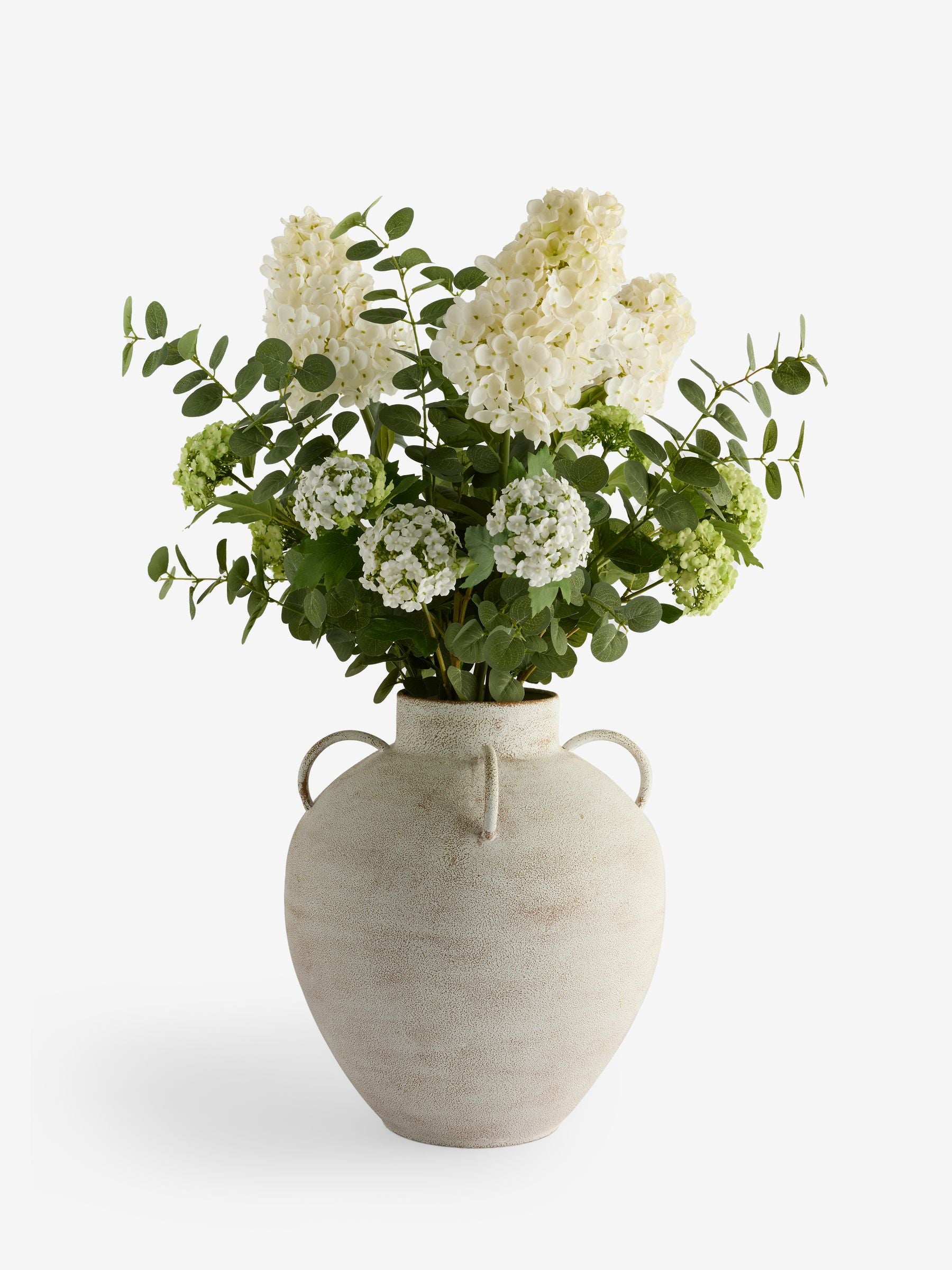 Artificial hydrangea arrangement white extra large in metal pot, imported from the UK