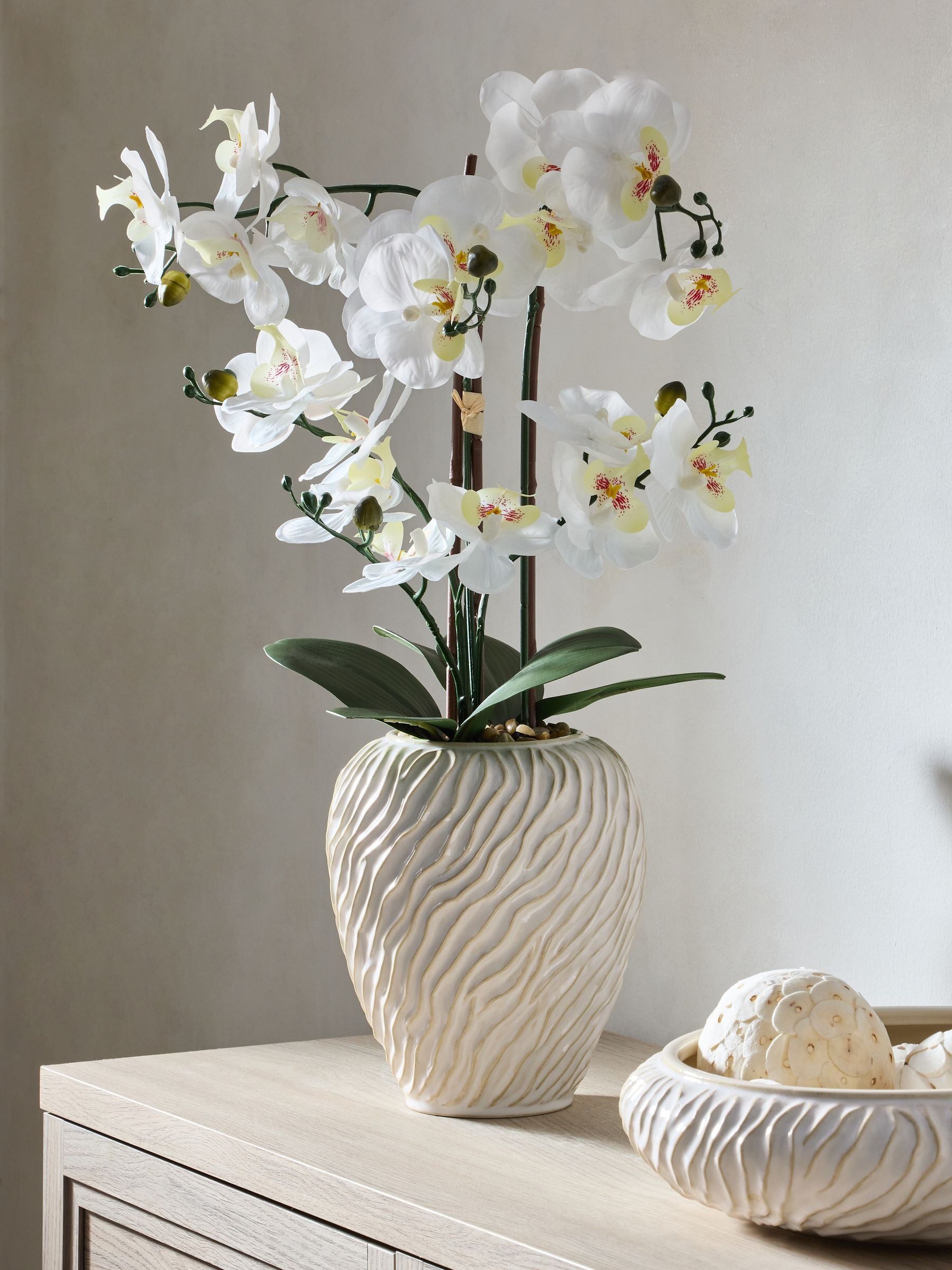 White artificial orchid in Fairford vase 67cm height (British brand)