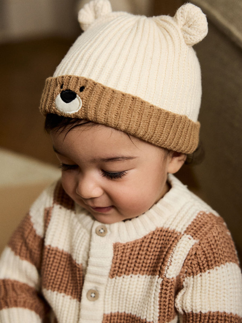 Brown Bear Face ribbed baby beanie hat from a British brand