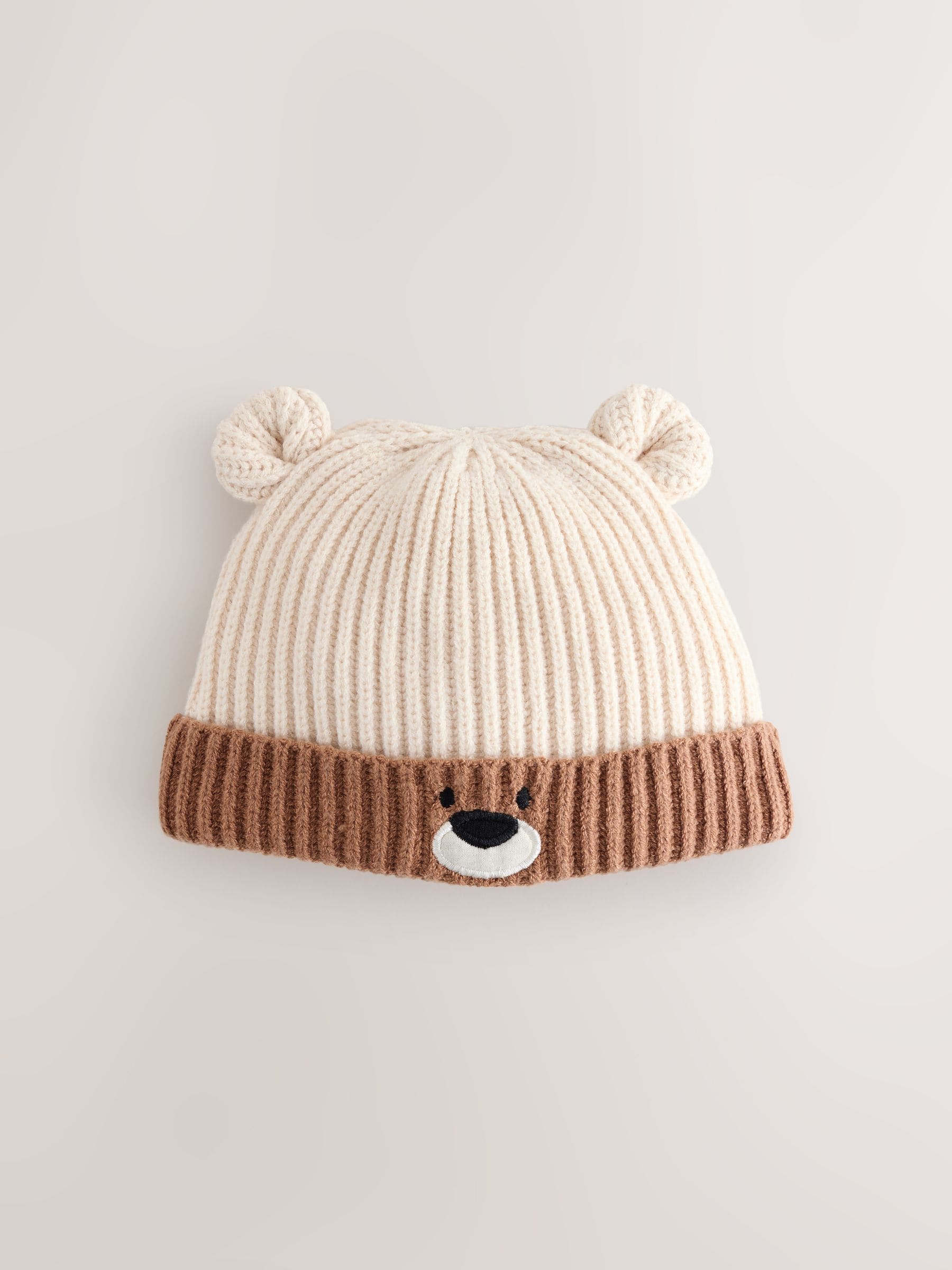 Brown Bear Face ribbed baby beanie hat from a British brand