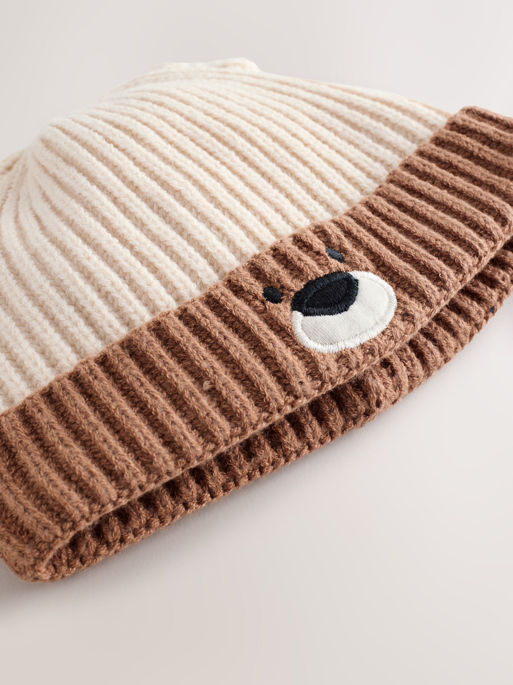 Brown Bear Face ribbed baby beanie hat from a British brand
