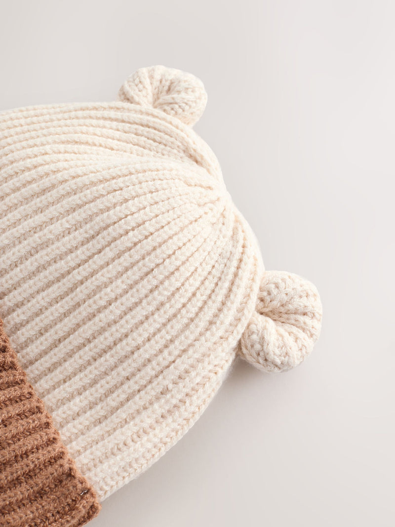Brown Bear Face ribbed baby beanie hat from a British brand