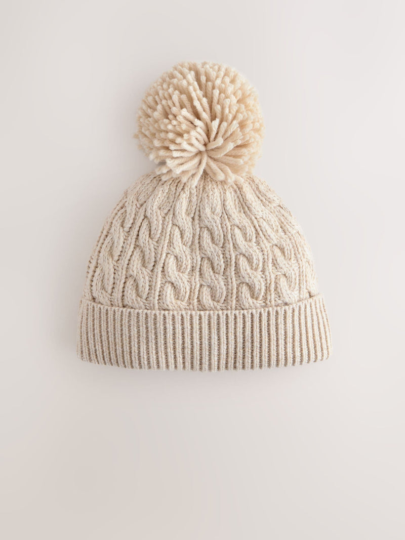 Cream knitted cable pom beanie, UK version