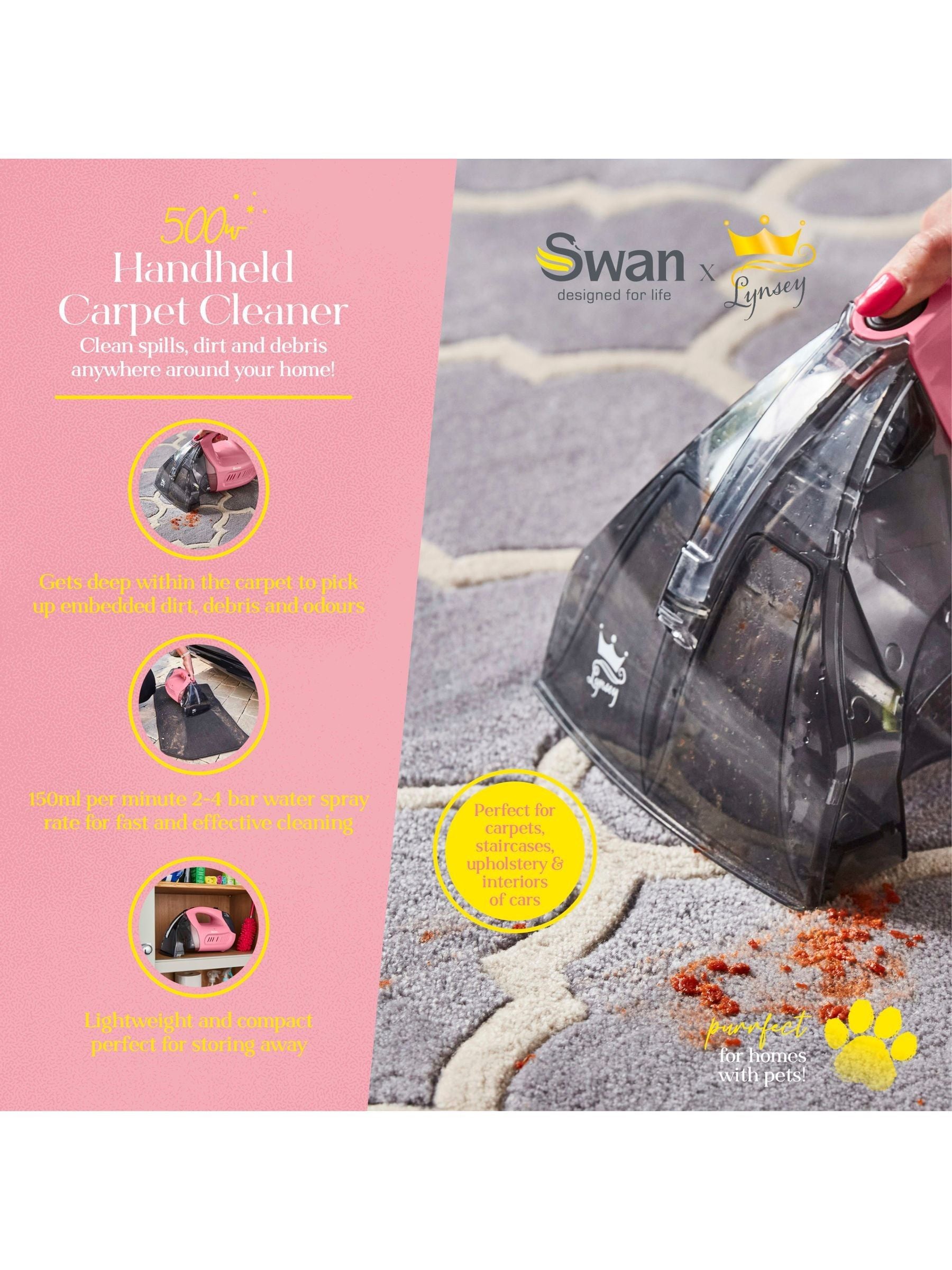 Swan Pink handheld carpet cleaner, UK version