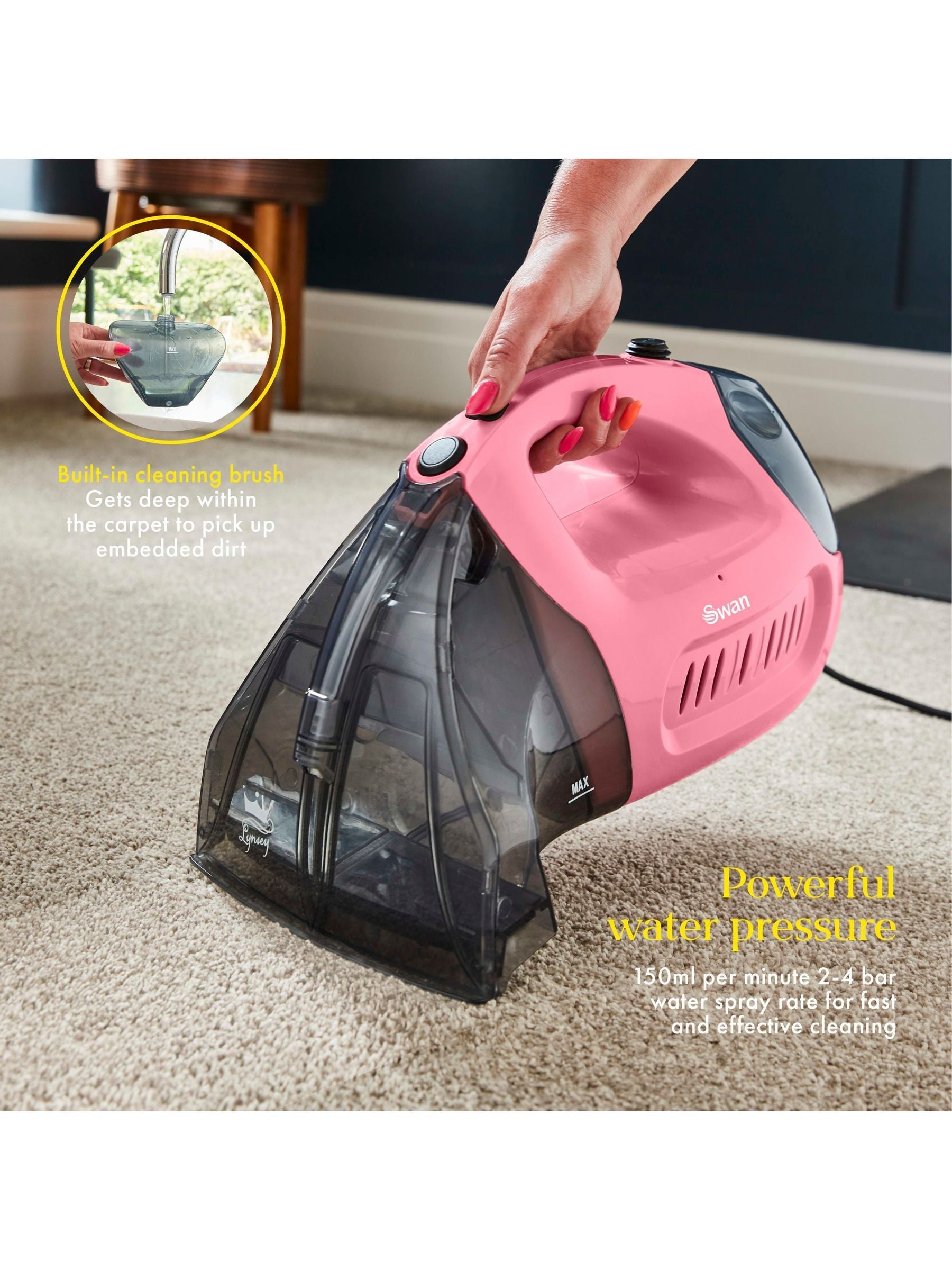 Swan Pink handheld carpet cleaner, UK version