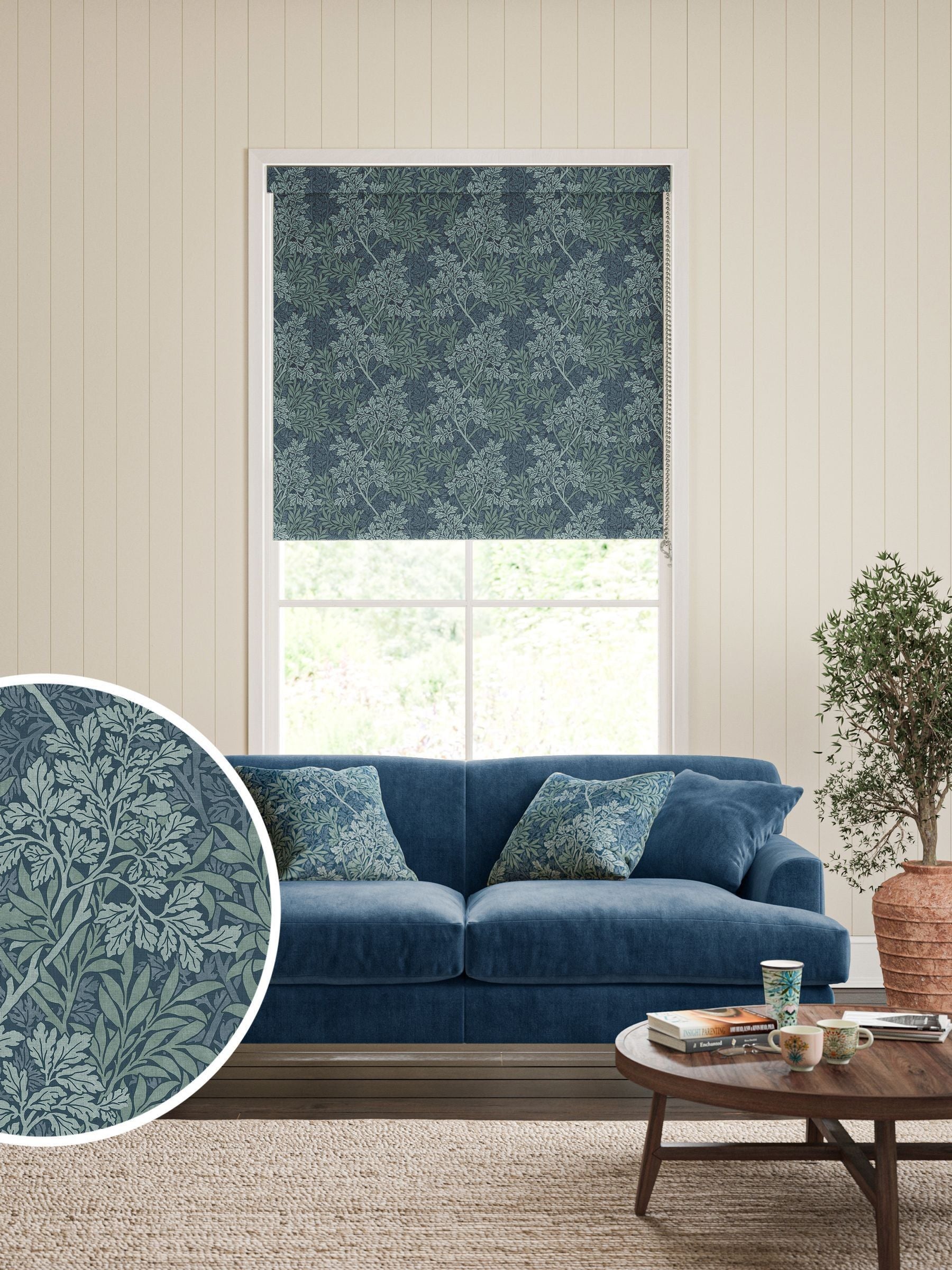 William Morris At Home indigo blue foliage roller blind, UK version