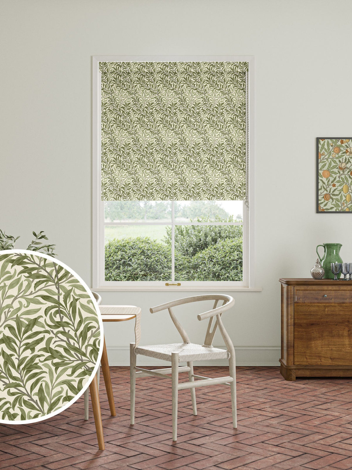 William Morris Willow Bough roller blind in Moss Green (British brand)