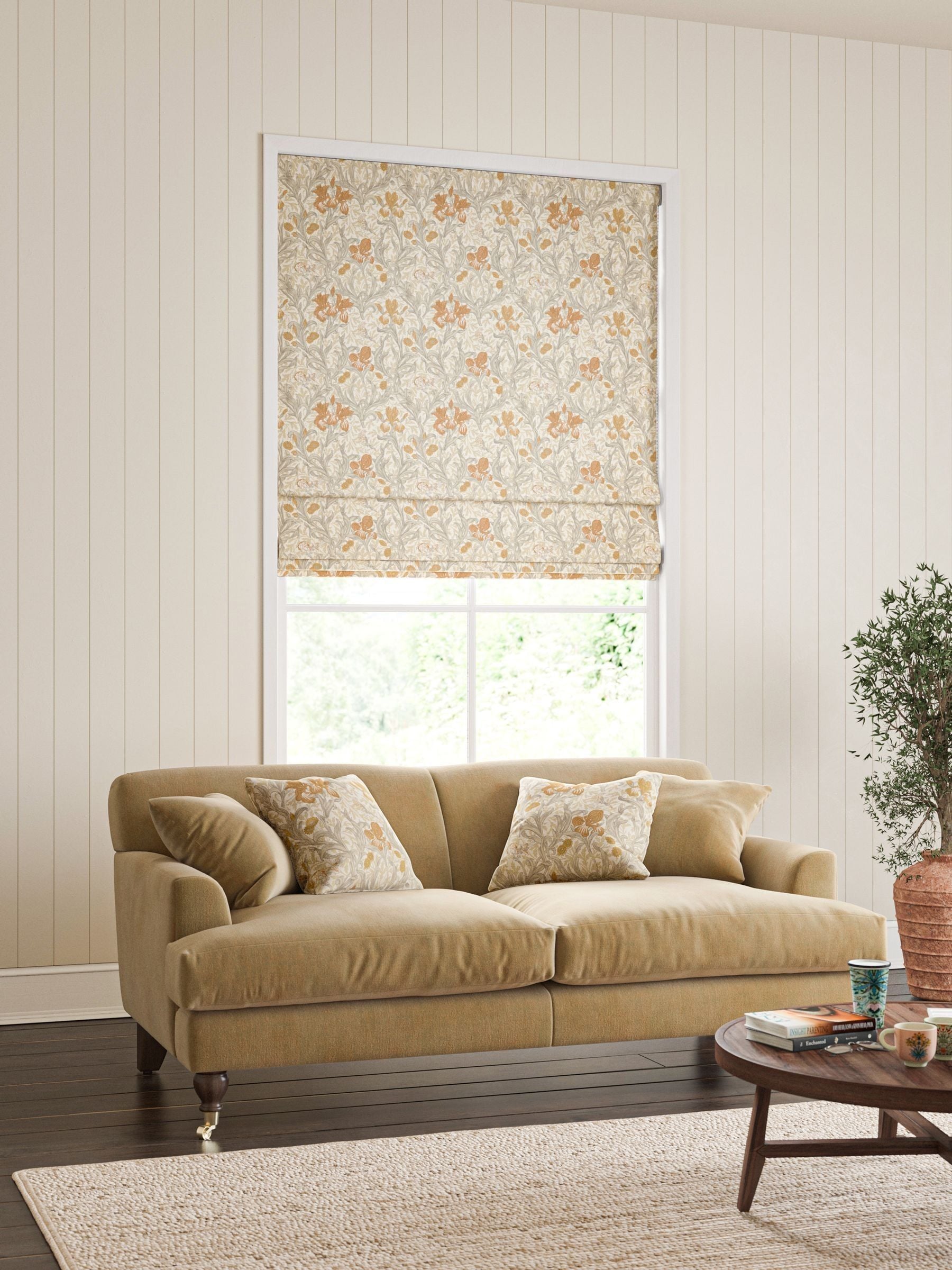 William Morris honey orange iris roman blind made to measure, UK version