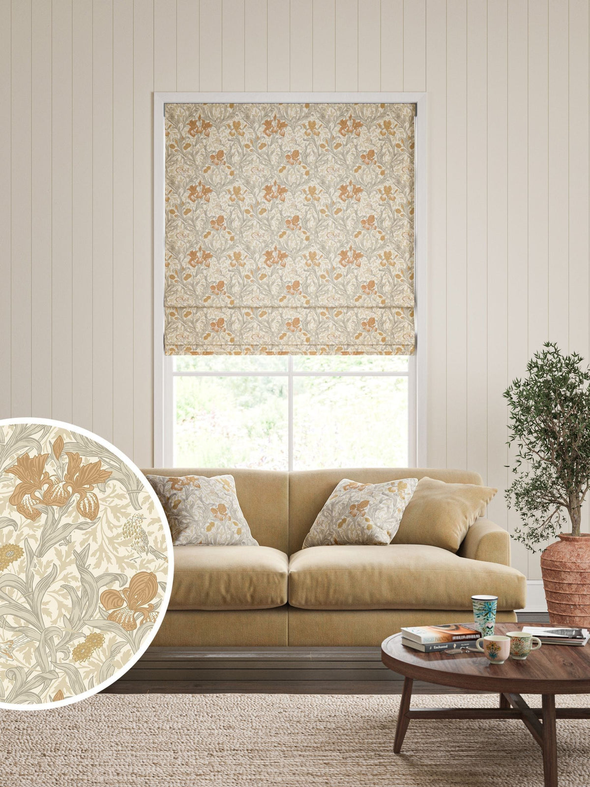 William Morris honey orange iris roman blind made to measure, UK version