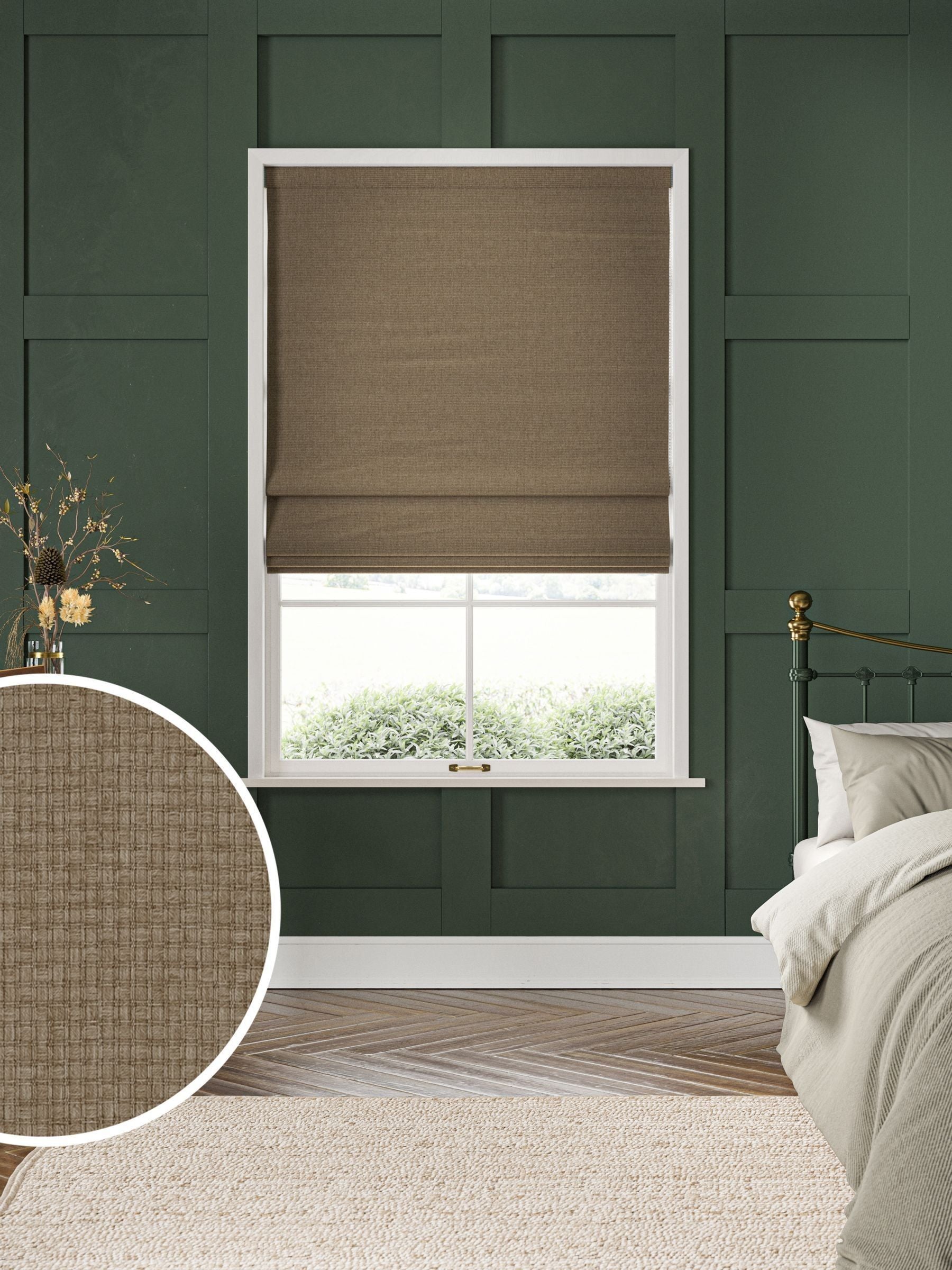 William Morris roman blind Mushroom Natural Reed, UK version