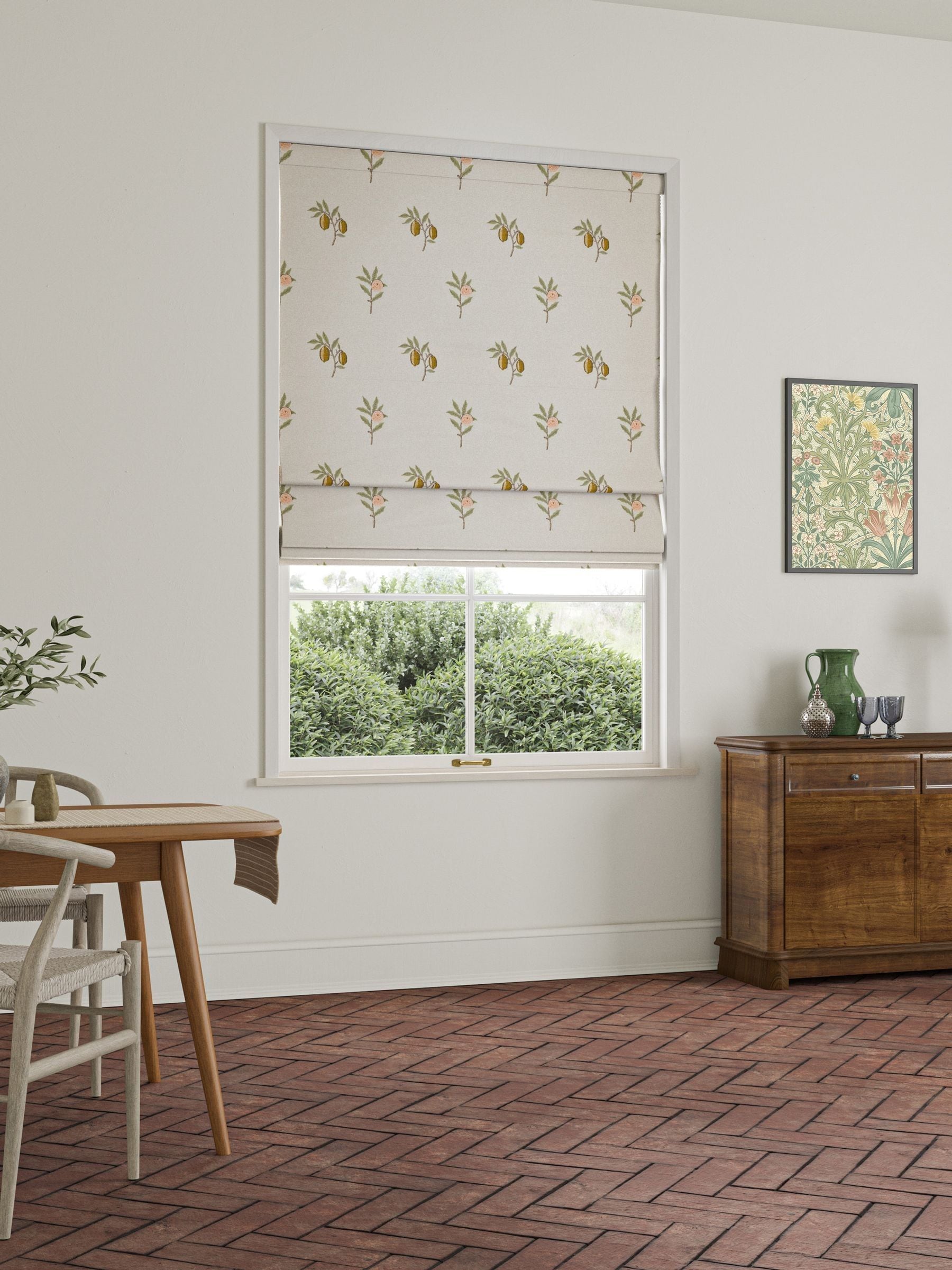 William Morris roman blind with fruit embroidery in natural and sage green - British product