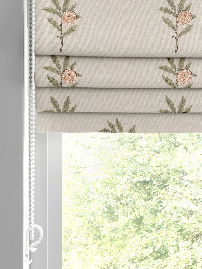 William Morris roman blind with fruit embroidery in natural and sage green - British product