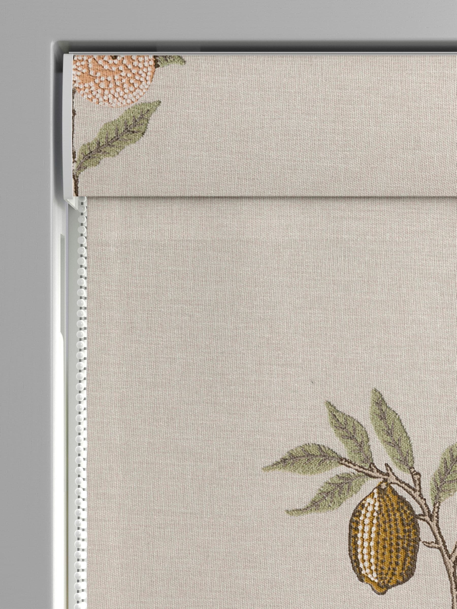 William Morris roman blind with fruit embroidery in natural and sage green - British product