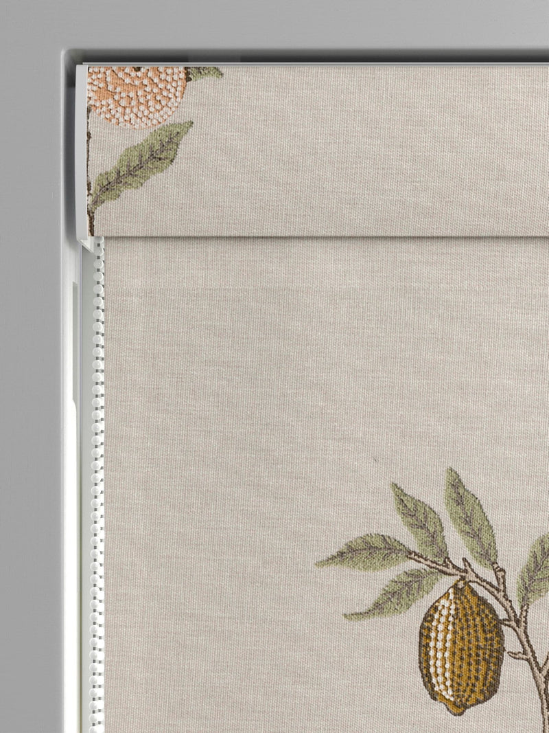 William Morris roman blind with fruit embroidery in natural and sage green - British product