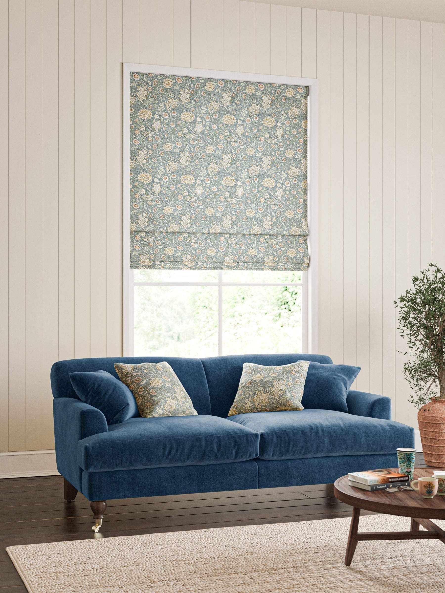 William Morris Blue Double Bough roman blind, UK version