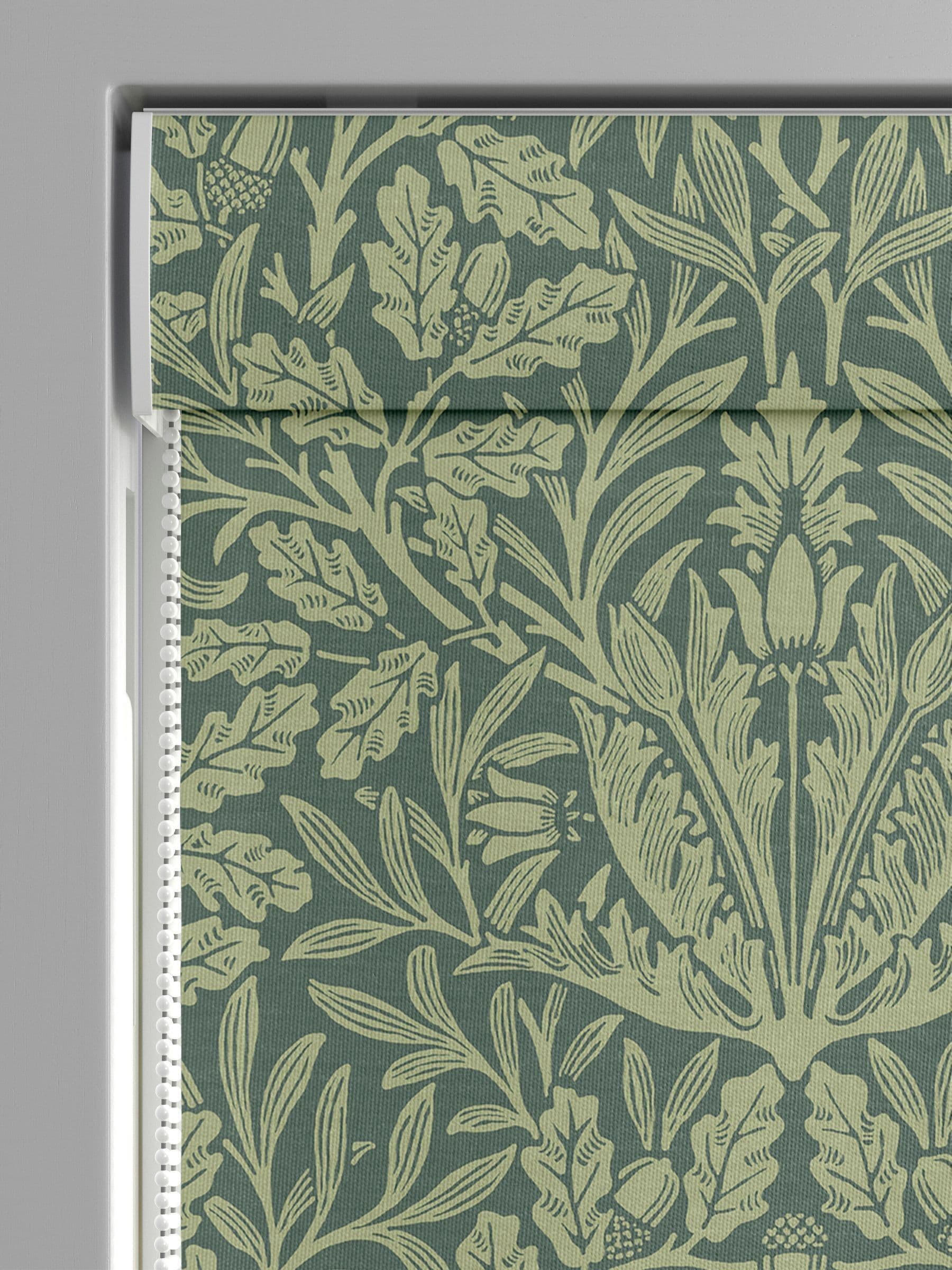 William Morris roman blind Acorn eucalyptus green, UK version