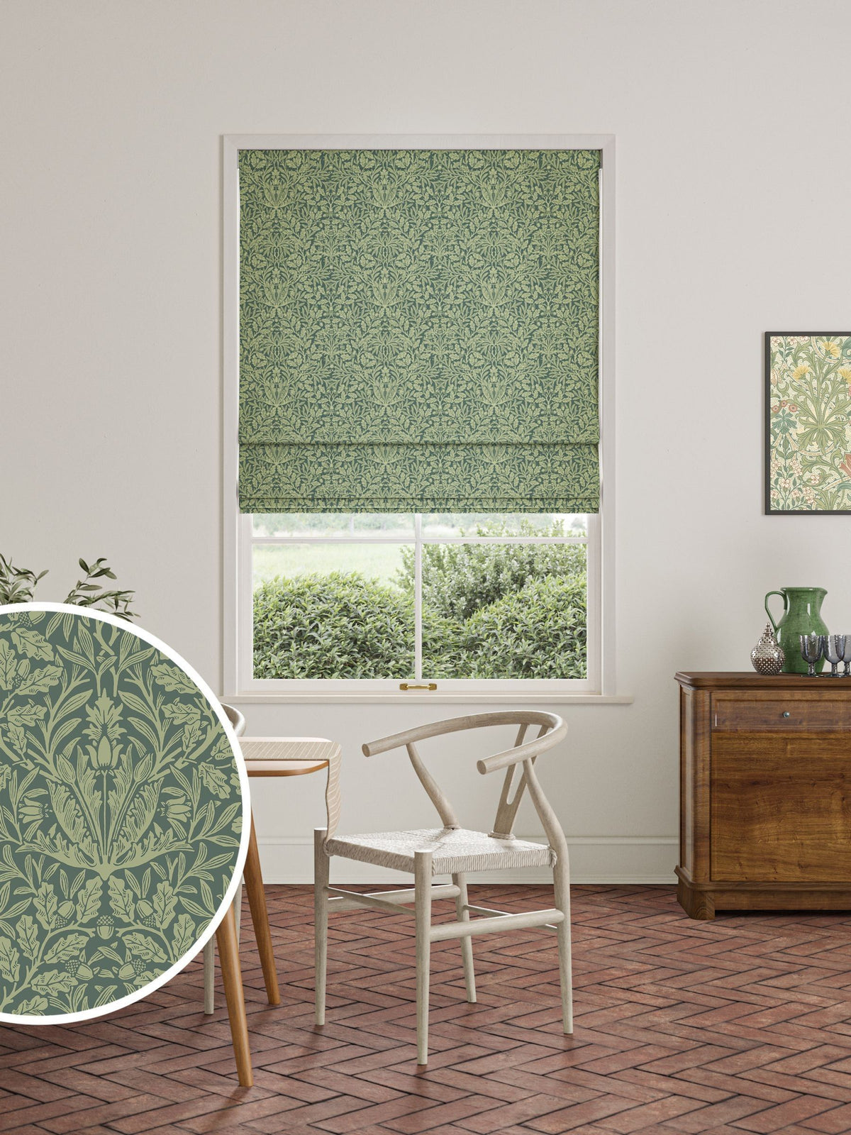 William Morris roman blind Acorn eucalyptus green, UK version