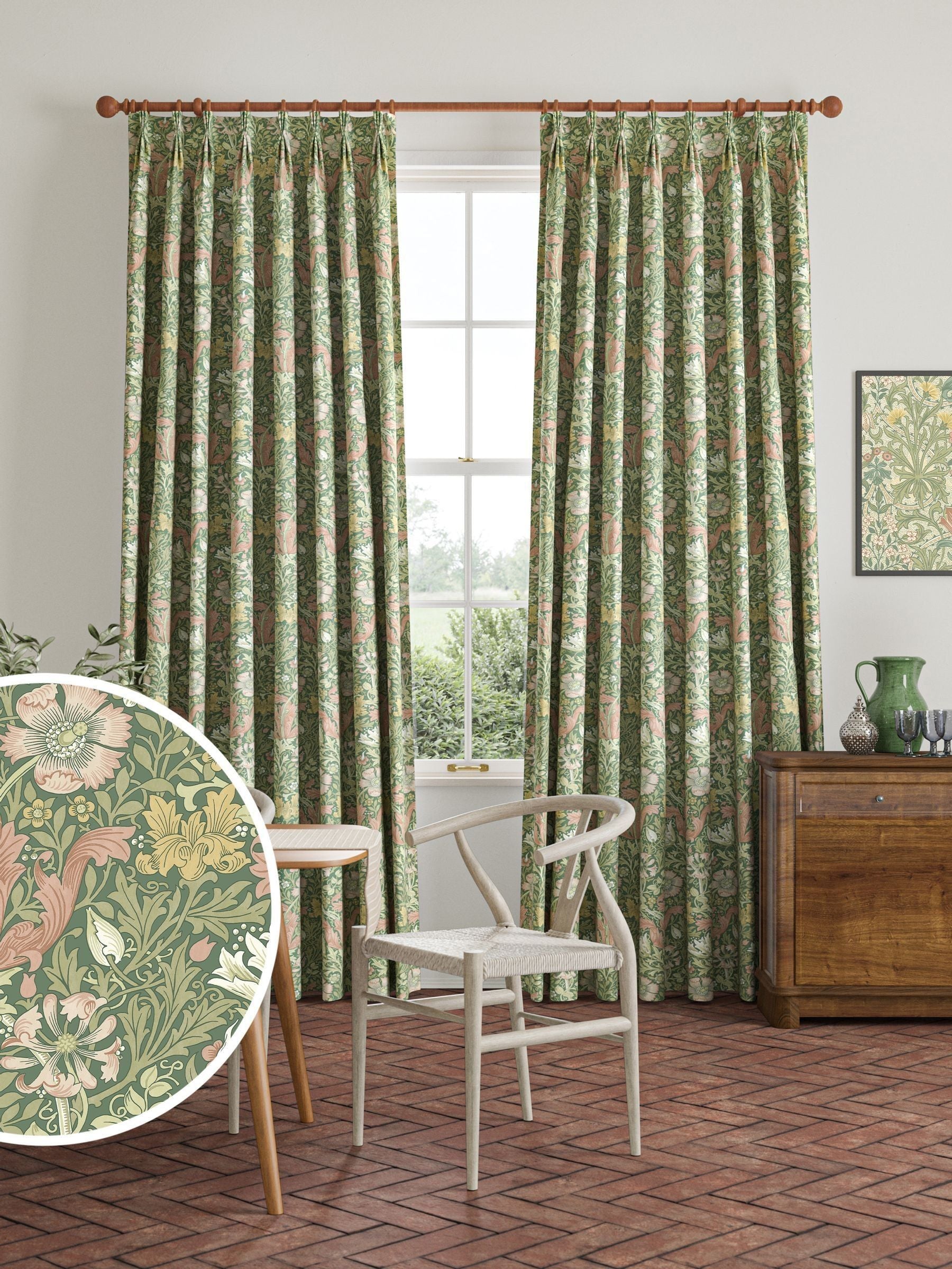 William Morris apple green velvet curtains with Compton pattern made to measure (British brand)