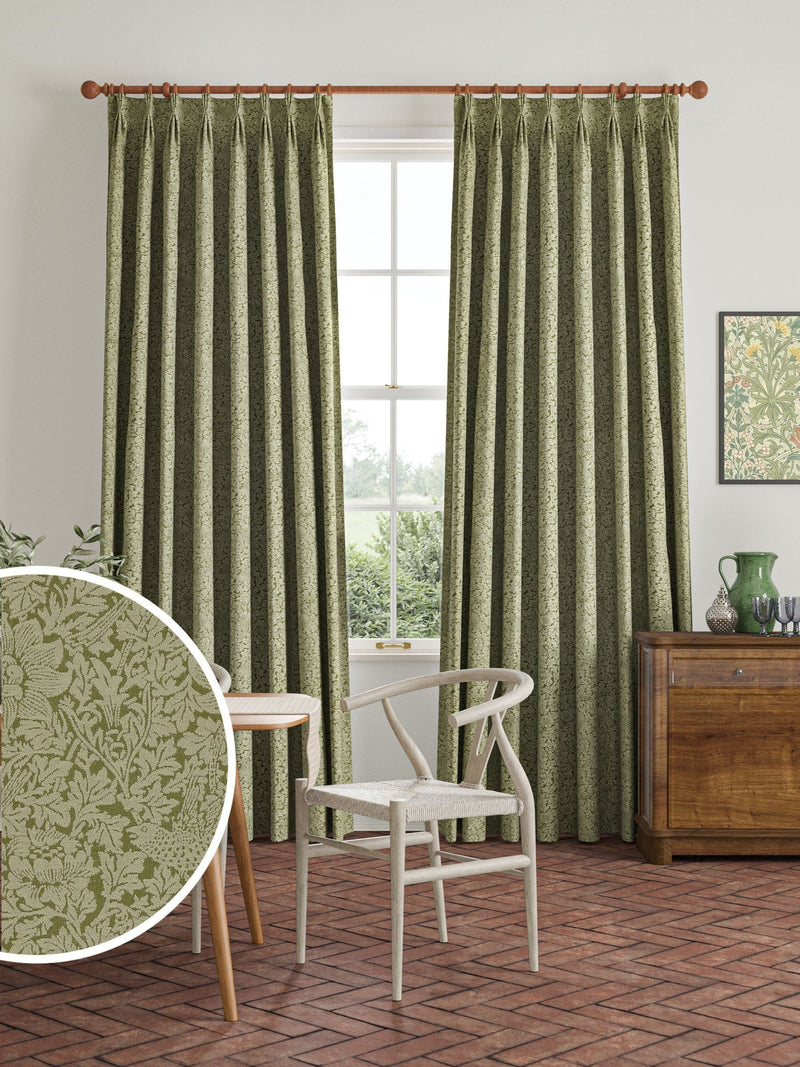 William Morris moss green Bird and Anemone woven curtains, UK version