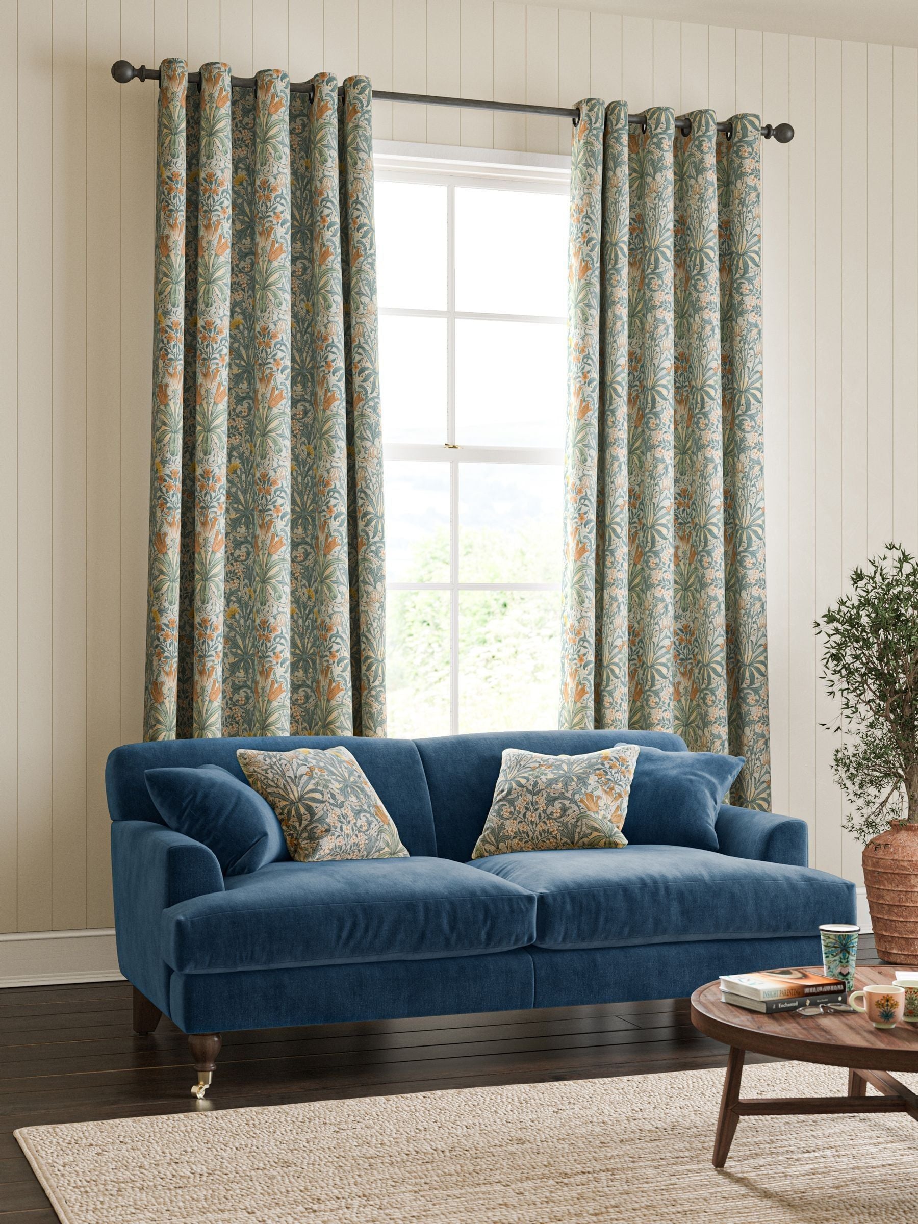 William Morris blue Woodland Weeds design curtains - British product