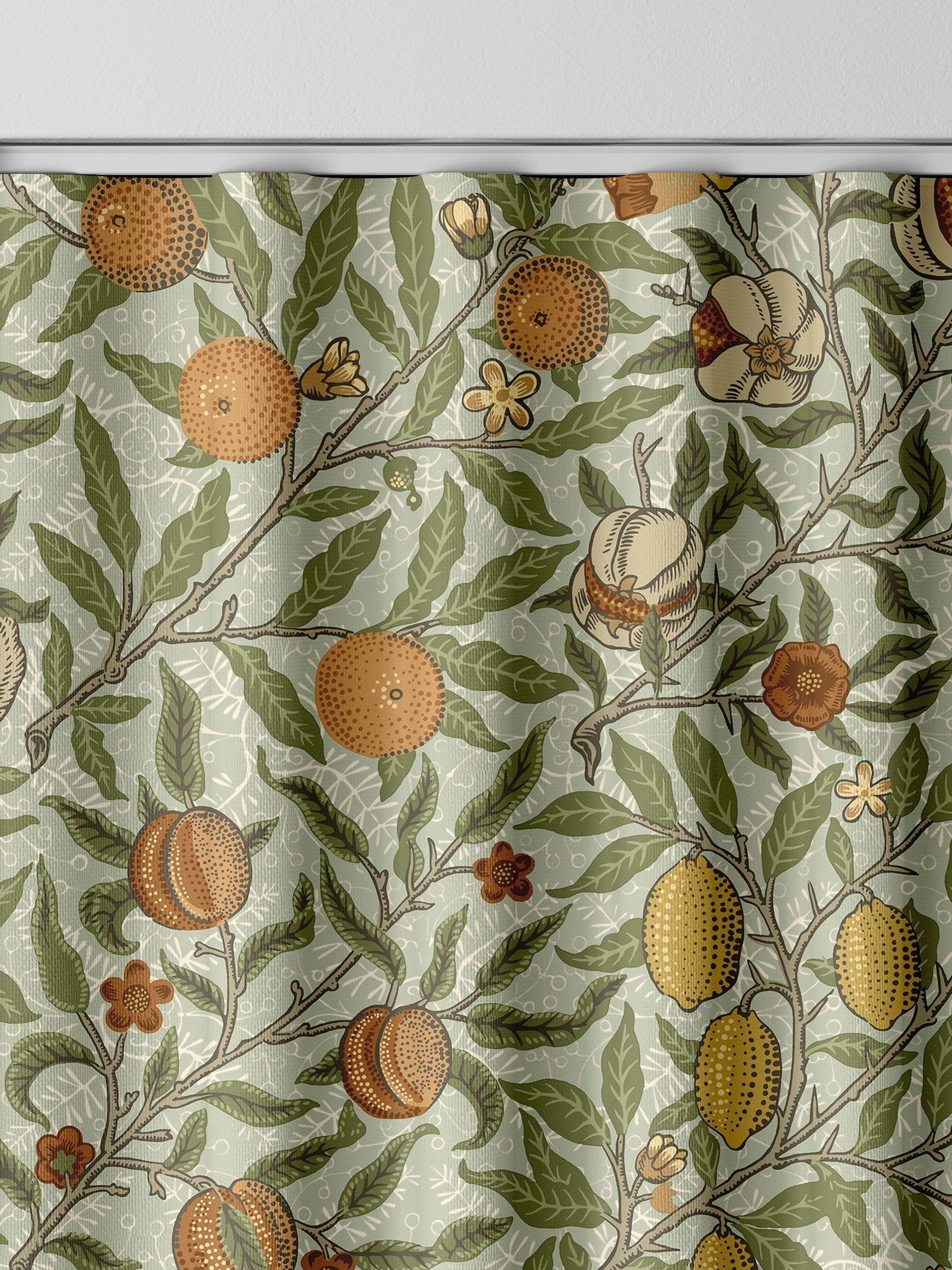William Morris curtains lichen green fruit design (British brand)