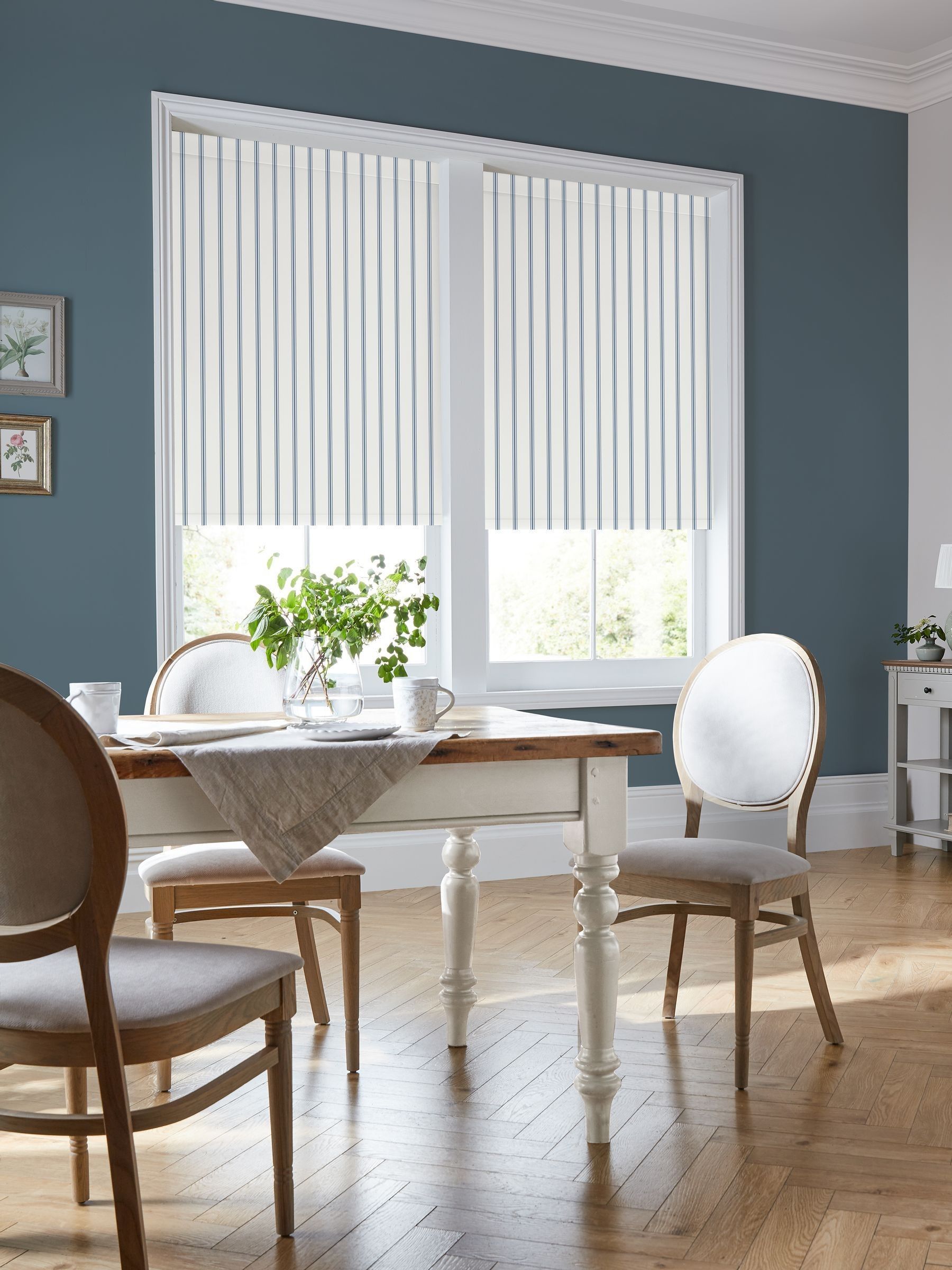 Laura Ashley roller blind dusky blue stripe Farnworth, imported from the UK