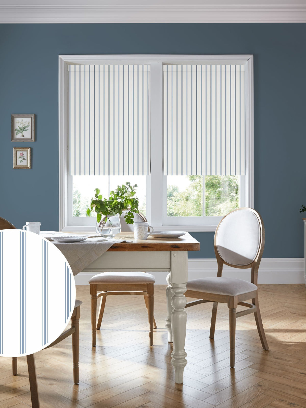 Laura Ashley roller blind dusky blue stripe Farnworth, imported from the UK