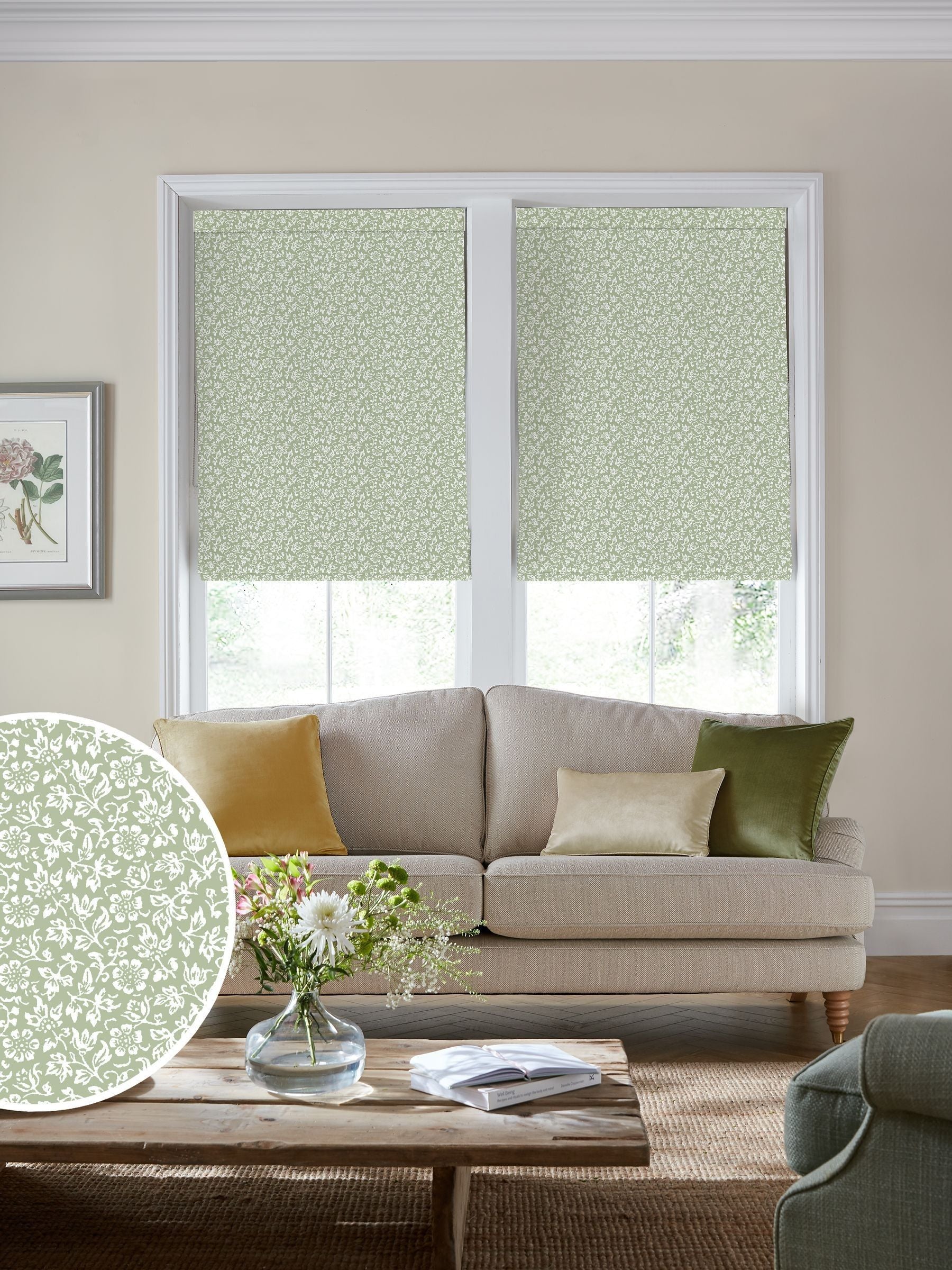 Laura Ashley Moss Green Sweet Alyssum roman blind - British product