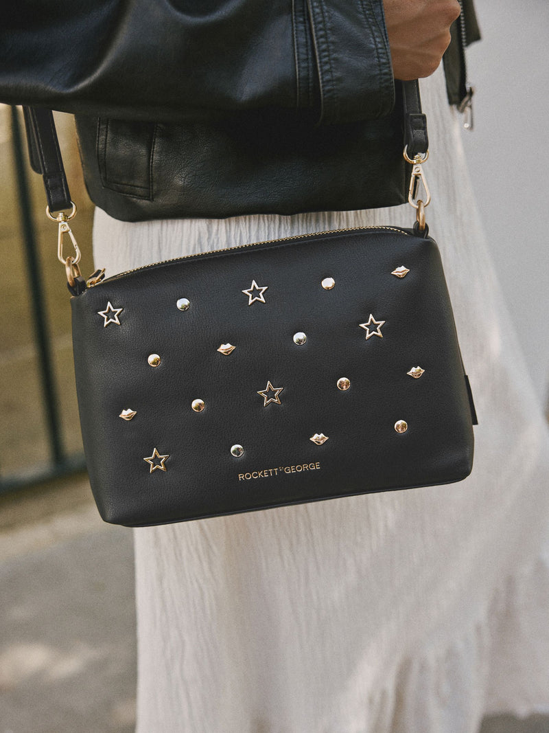 Rockett St George Black Icon Stud cross-body bag, imported from the UK