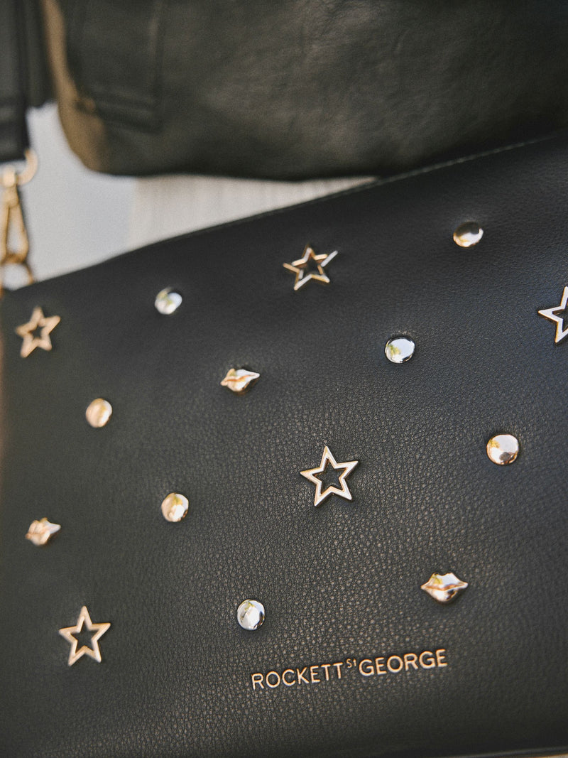 Rockett St George Black Icon Stud cross-body bag, imported from the UK