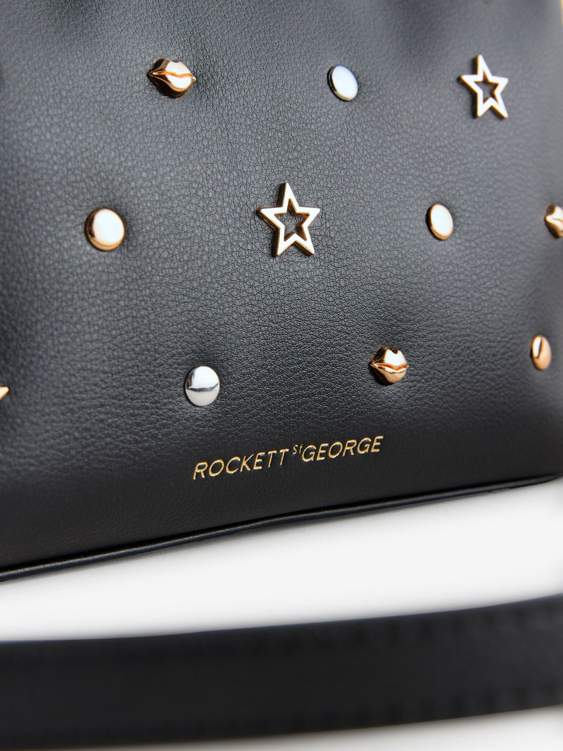 Rockett St George Black Icon Stud cross-body bag, imported from the UK