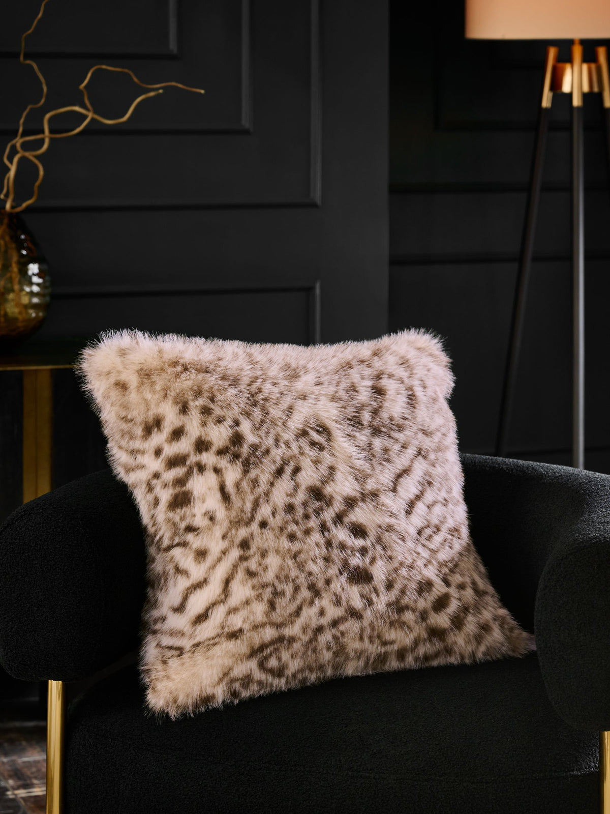 Snow leopard print faux fur cushion 50x50cm (British brand)