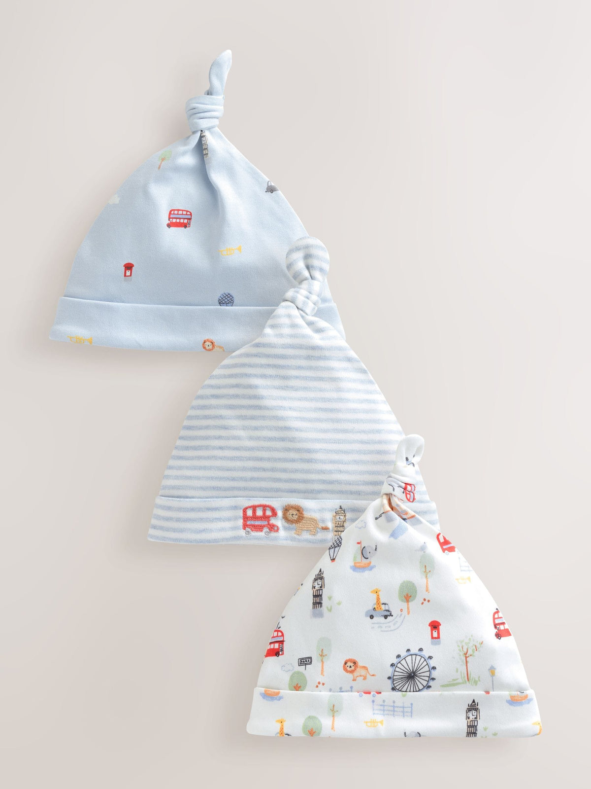Blue London tie top baby hats 3 pack, UK version